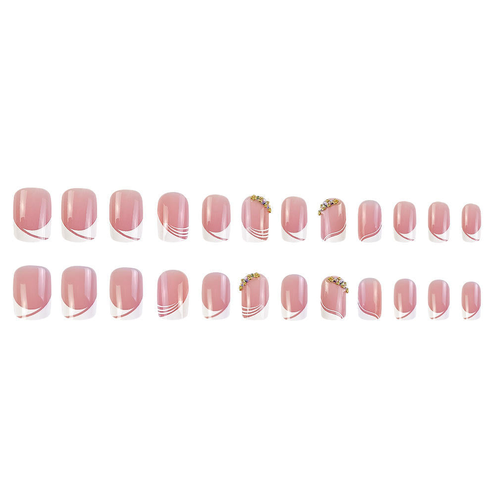 24pcs Minimalist French-Style Short Press-On Nails Purely Sensual Diamond-Studded Nail Tips Cross-Border Press-On Nails