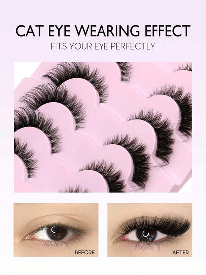New 7 Pairs D Curl Volume Russian Volume Natural Fluffy Faux Eyelashes, Classic Cat Eye Mink False Eyelashes, Cross Wispy Dramatic Volume 5D Faux Eyelashes, Soft & Natural-Looking Eyelash Extension Makeup For A Natural Look