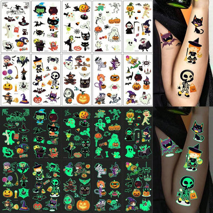 10 Sheets Of 110-Piece Cartoon Halloween Glow-In-The-Dark Tattoo Stickers, Glow In The Dark, Halloween Party Carnival Makeup Waterproof Temporary Tattoos