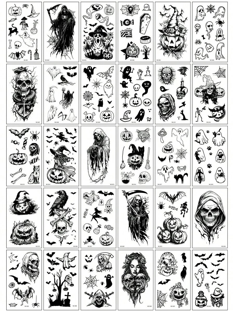 1 Set Of 30pcs Creative Black Ghost Themed Temporary Tattoos,Pumpkin,Ghosts,Skulls,Bats,Cobwebs Designs,Suitable For Fun Parties Or Daily Use,Waterproof & Long-Lasting