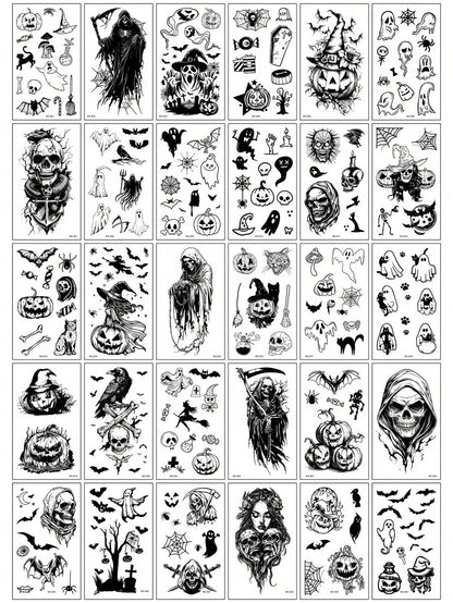 1 Set Of 30pcs Creative Black Ghost Themed Temporary Tattoos,Pumpkin,Ghosts,Skulls,Bats,Cobwebs Designs,Suitable For Fun Parties Or Daily Use,Waterproof & Long-Lasting