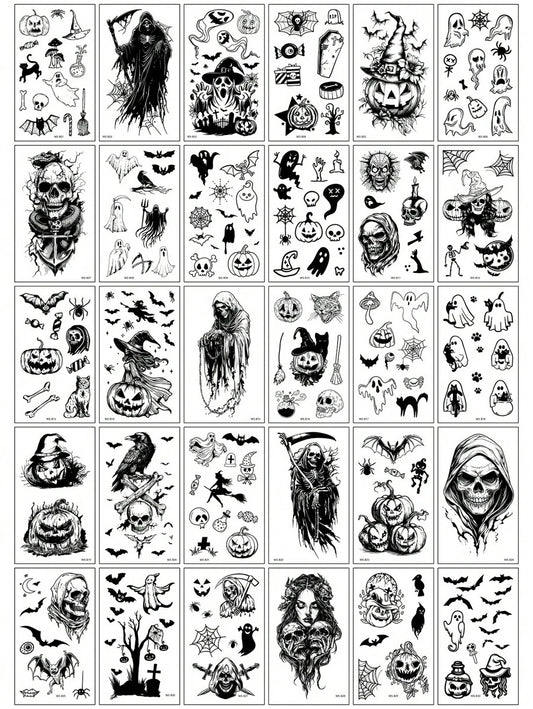 1 Set Of 30pcs Creative Black Ghost Themed Temporary Tattoos,Pumpkin,Ghosts,Skulls,Bats,Cobwebs Designs,Suitable For Fun Parties Or Daily Use,Waterproof & Long-Lasting