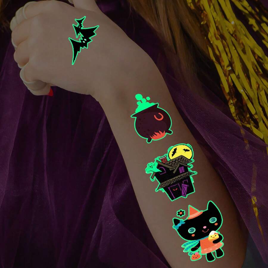 10 Sheets Of 110-Piece Cartoon Halloween Glow-In-The-Dark Tattoo Stickers, Glow In The Dark, Halloween Party Carnival Makeup Waterproof Temporary Tattoos