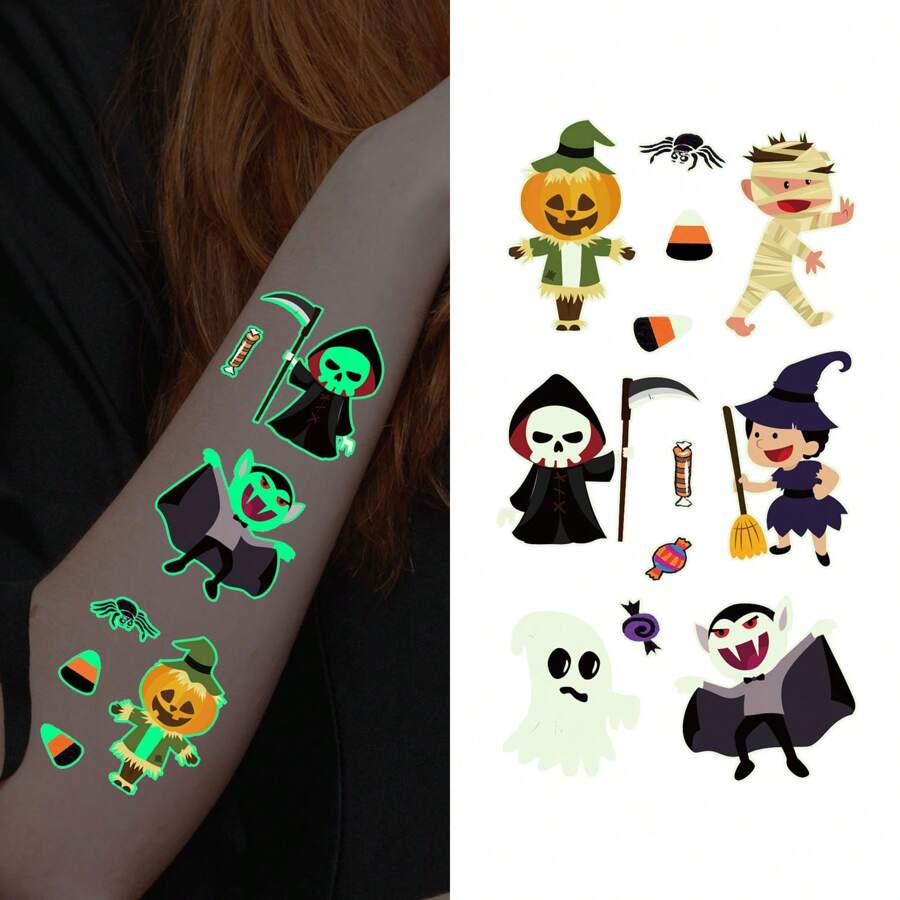 10 Sheets Of 110-Piece Cartoon Halloween Glow-In-The-Dark Tattoo Stickers, Glow In The Dark, Halloween Party Carnival Makeup Waterproof Temporary Tattoos