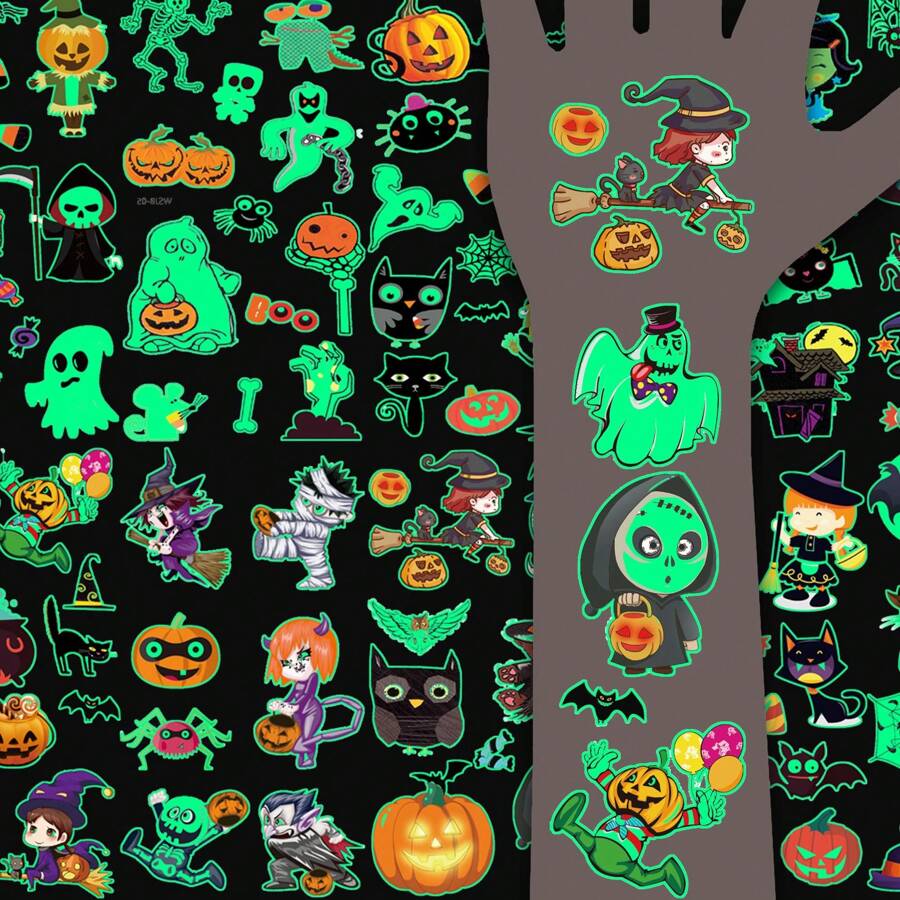 10 Sheets Of 110-Piece Cartoon Halloween Glow-In-The-Dark Tattoo Stickers, Glow In The Dark, Halloween Party Carnival Makeup Waterproof Temporary Tattoos