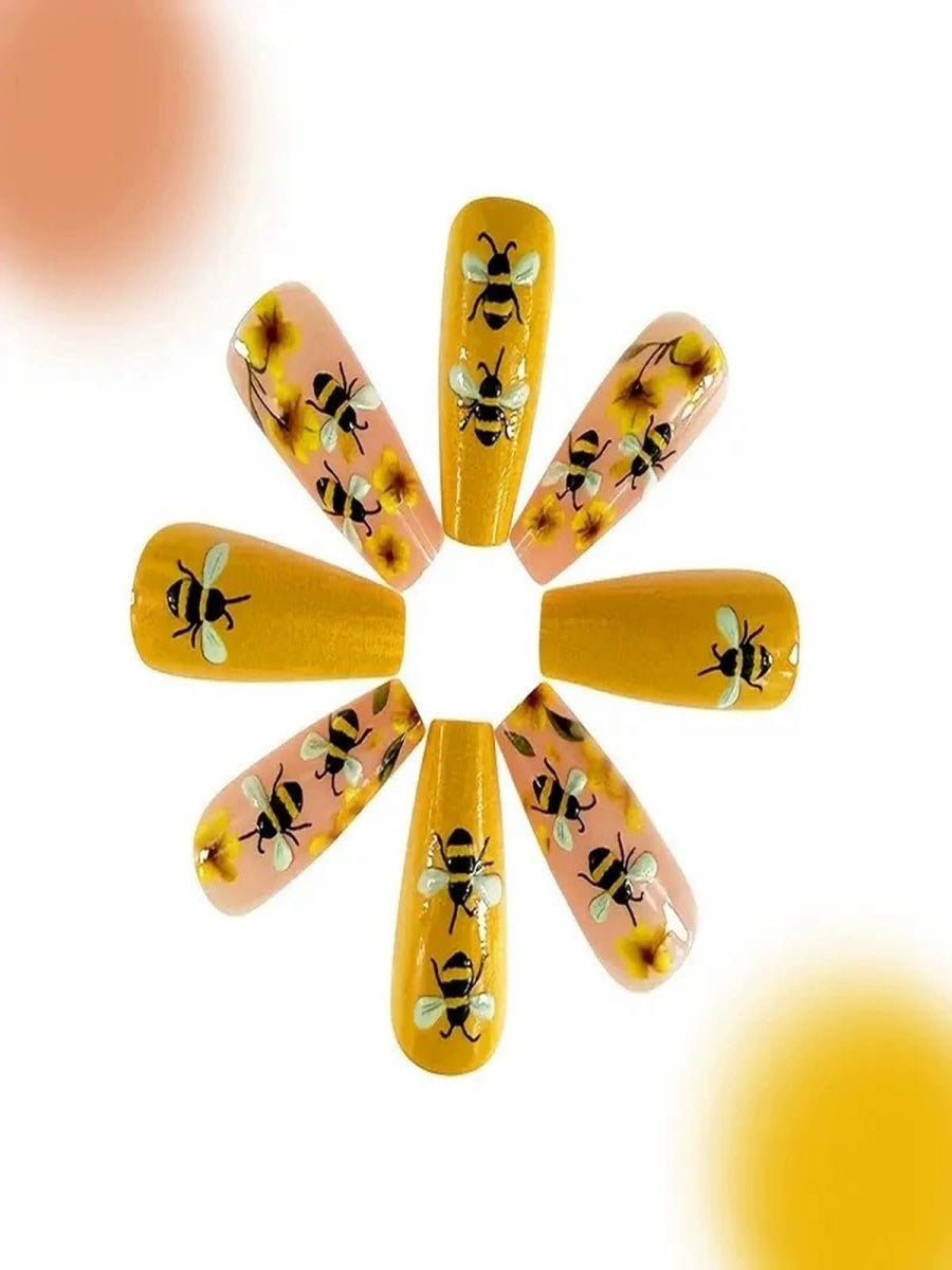 24 Piece Spring/Summer Warm Yellow Little Bee Flowers Mid-Length Ballet Cute 3D Embossed Bumblebee Floral 3D Nail Art