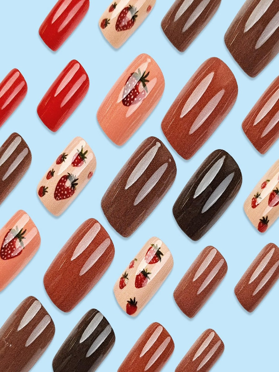 24pcs Short European-Style Shiny False Nails Set, Cute Strawberry , Elegant And Sweet All-Match Nail Art Kit, Full Cover, Reusable, Suitable For Women & Girls To Wear For Parties, Dance Parties, And Daily Use. Press On Nails Nail Supplies