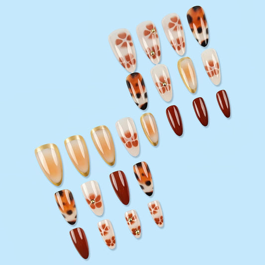 24pcs Medium Almond Shaped Press-On Nails, Leopard Print French Tip, Line Art Design, High Gloss Full Coverage, Suitable For Women And Girls Daily Wear, Autumn/Winter Nail Accessories