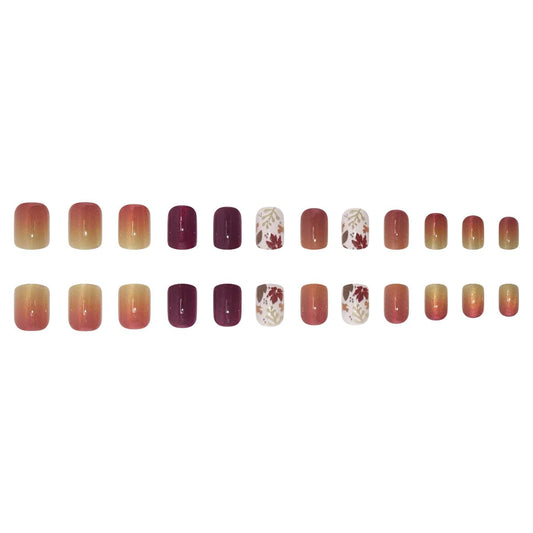 24-Piece Autumn Winter Short Square Press-On Fake Nails Set with Maple Leaf Fall Nails, Thanksgiving Nail Art, and Sweet & Cool Nail Stickers for Women