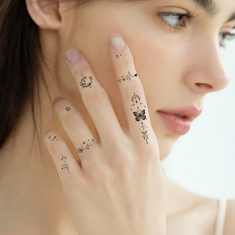 10pcs Black Butterfly Flower & Word Design Finger, Wrist, Small Body Part Temporary Tattoo Stickers