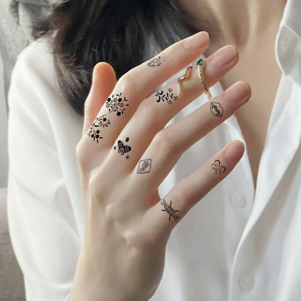 10pcs Black Butterfly Flower & Word Design Finger, Wrist, Small Body Part Temporary Tattoo Stickers