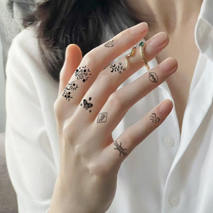 10pcs Black Butterfly Flower & Word Design Finger, Wrist, Small Body Part Temporary Tattoo Stickers