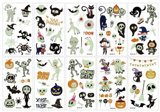 10 Sheets Of 110-Piece Cartoon Halloween Glow-In-The-Dark Tattoo Stickers, Glow In The Dark, Halloween Party Carnival Makeup Waterproof Temporary Tattoos