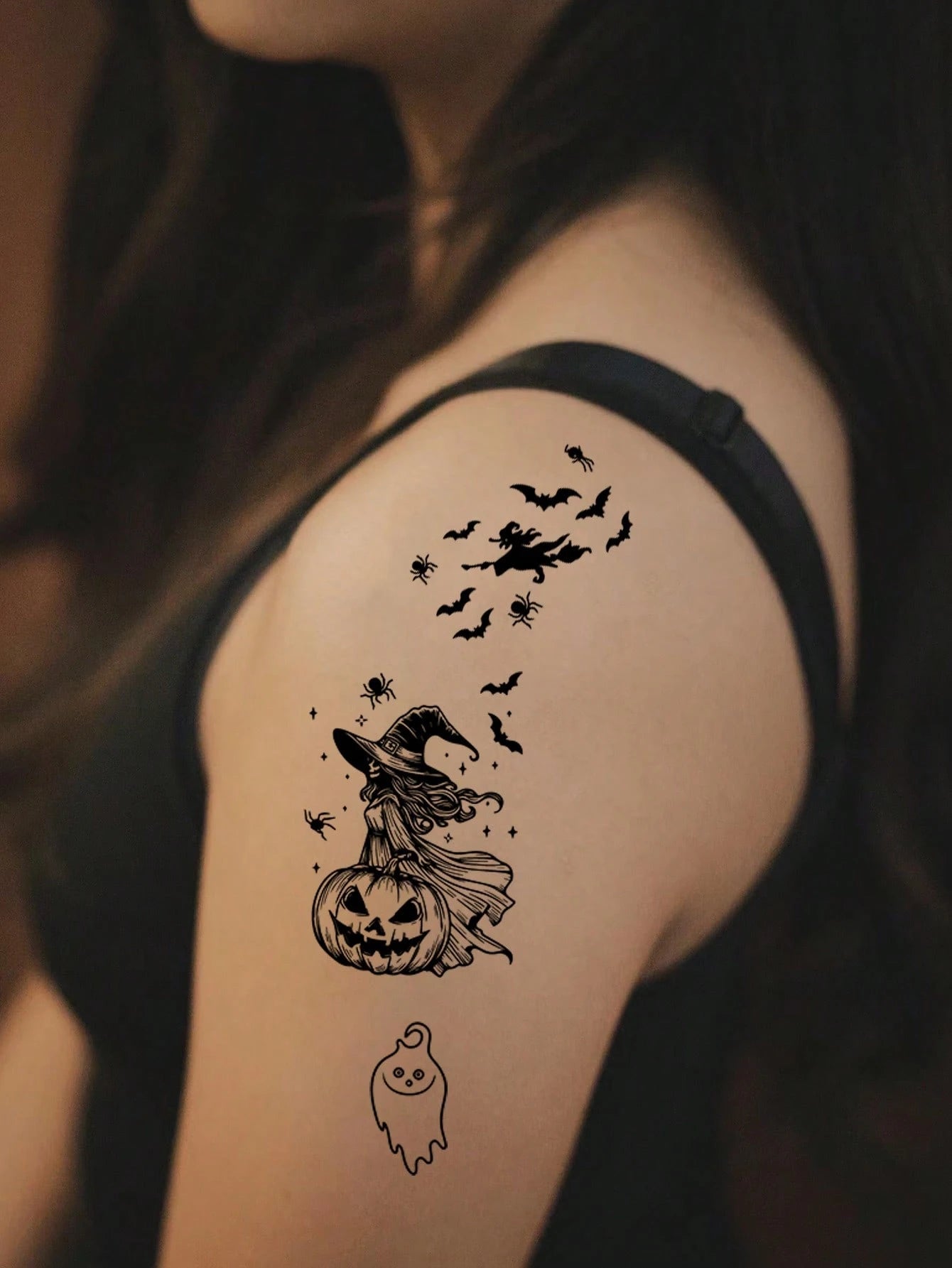 1 Set Of 30pcs Creative Black Ghost Themed Temporary Tattoos,Pumpkin,Ghosts,Skulls,Bats,Cobwebs Designs,Suitable For Fun Parties Or Daily Use,Waterproof & Long-Lasting