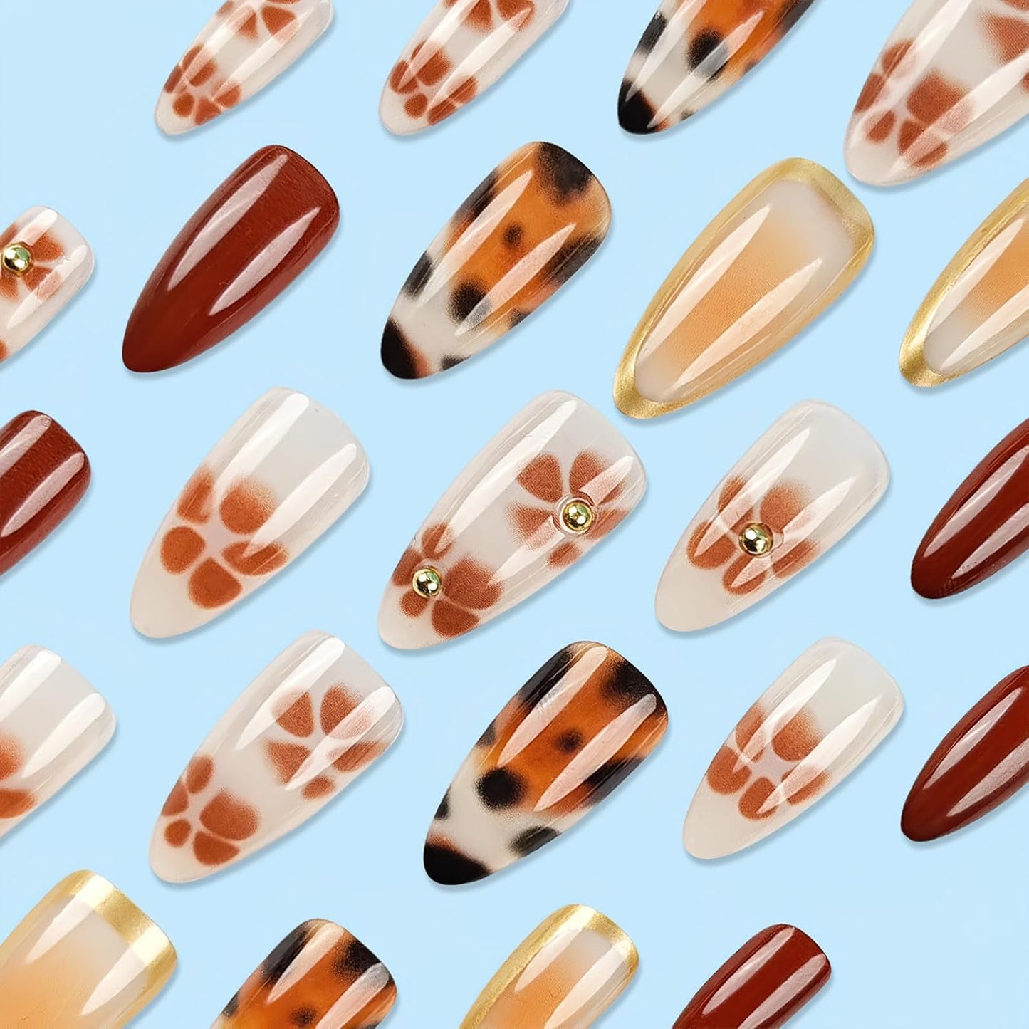 24pcs Medium Almond Shaped Press-On Nails, Leopard Print French Tip, Line Art Design, High Gloss Full Coverage, Suitable For Women And Girls Daily Wear, Autumn/Winter Nail Accessories