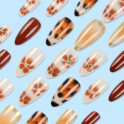 24pcs Medium Almond Shaped Press-On Nails, Leopard Print French Tip, Line Art Design, High Gloss Full Coverage, Suitable For Women And Girls Daily Wear, Autumn/Winter Nail Accessories