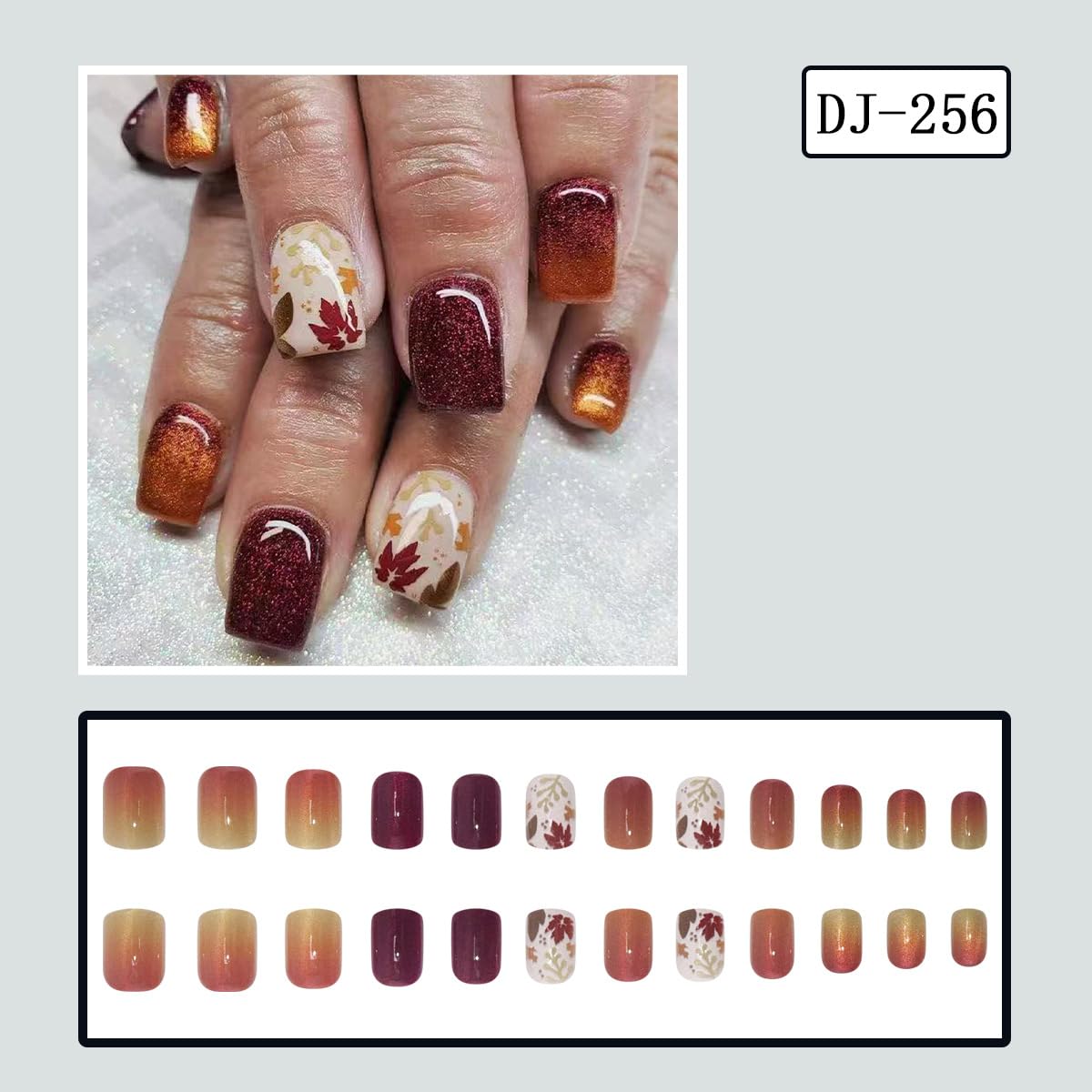24-Piece Autumn Winter Short Square Press-On Fake Nails Set with Maple Leaf Fall Nails, Thanksgiving Nail Art, and Sweet & Cool Nail Stickers for Women