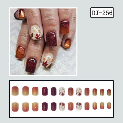 24-Piece Autumn Winter Short Square Press-On Fake Nails Set with Maple Leaf Fall Nails, Thanksgiving Nail Art, and Sweet & Cool Nail Stickers for Women