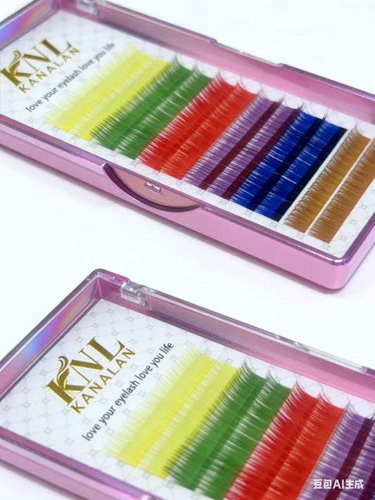 12 Lines Colored Fanned Eyelash Extensions 0.07D Curl 8-15mm YY Colored Eyelash Tray - Green, Blue, Red, Yellow, Purple,  Brown Self-Fanning Colored Thick Eyelash Extensions
