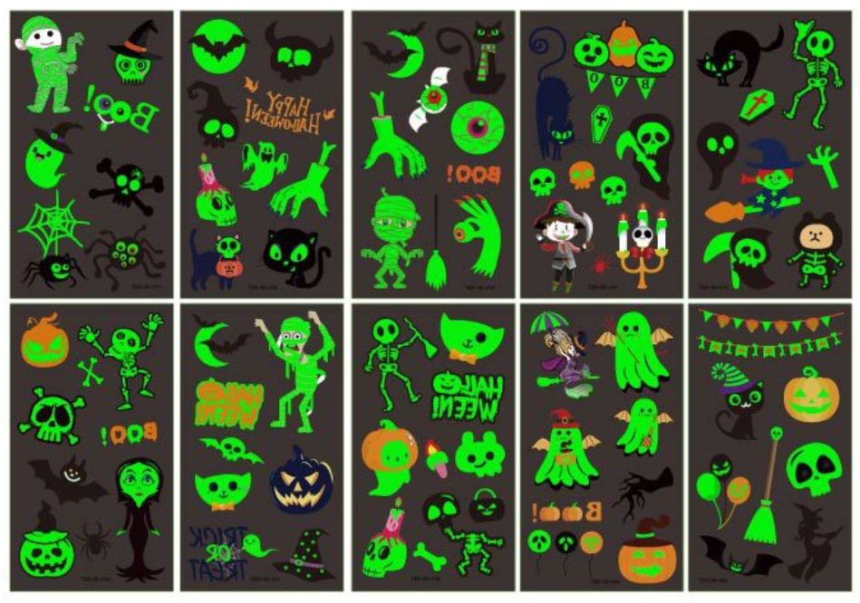 10 Sheets Of 110-Piece Cartoon Halloween Glow-In-The-Dark Tattoo Stickers, Glow In The Dark, Halloween Party Carnival Makeup Waterproof Temporary Tattoos