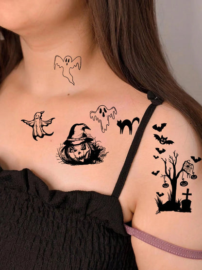 1 Set Of 30pcs Creative Black Ghost Themed Temporary Tattoos,Pumpkin,Ghosts,Skulls,Bats,Cobwebs Designs,Suitable For Fun Parties Or Daily Use,Waterproof & Long-Lasting