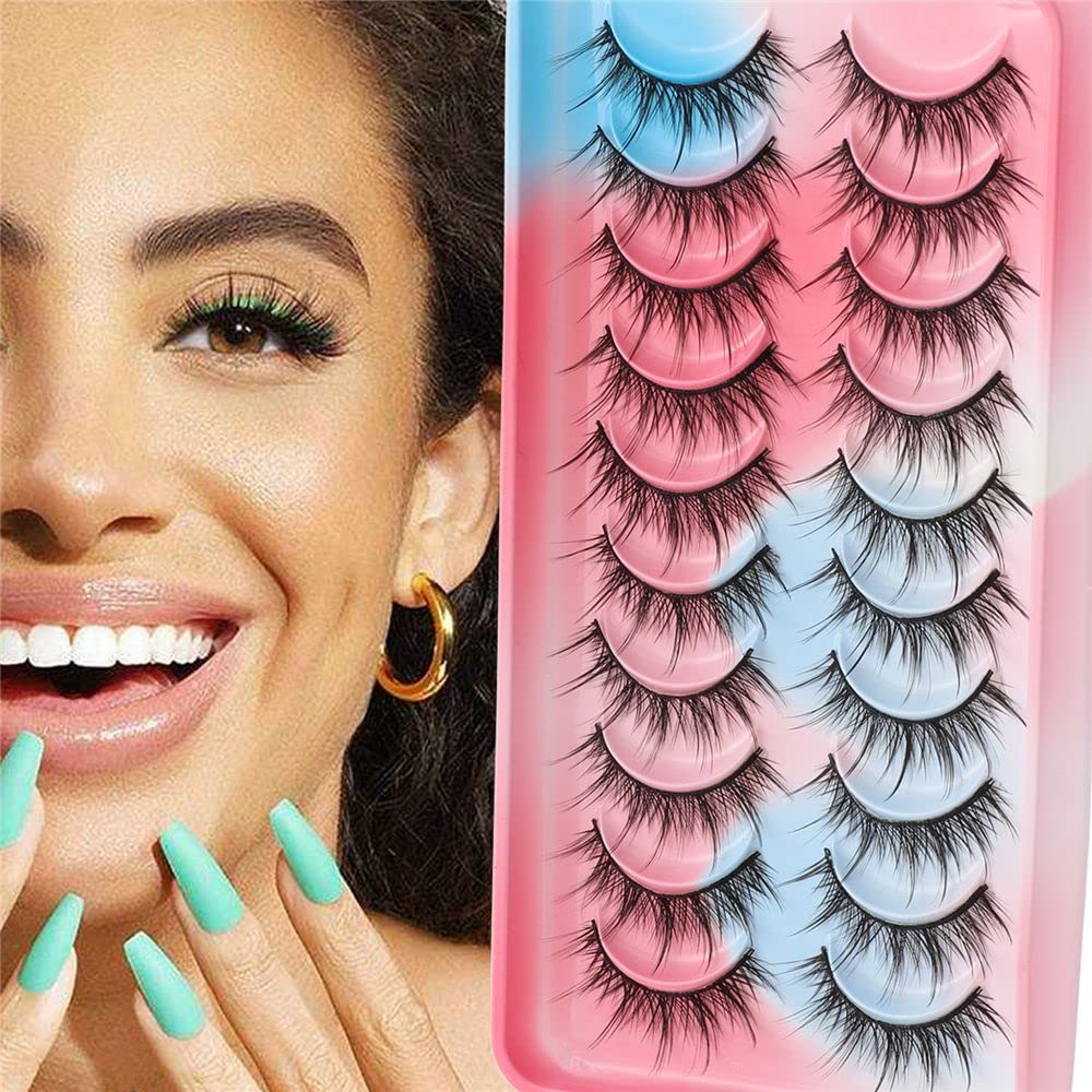 10 Pairs Wet Look Spiky Thick Faux Mink Lashes, Manga Cosplay Wispy Doll Eyelash, Reusable, Dramatic Makeup