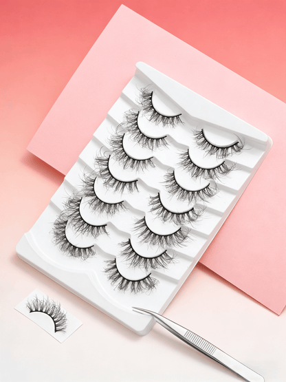 7 Pairs Full Strip False Eyelashes, Natural Look Crossed Dense Lashes, Clear Stem Integrated Lashes, Daily Makeup Tool, Japanese Anime Style Crossed Lashes, Convenient Application, Korean Celebrity Curly Fake Lashes