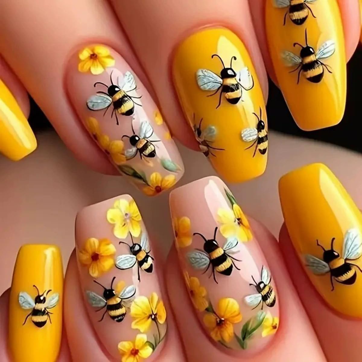 24 Piece Spring/Summer Warm Yellow Little Bee Flowers Mid-Length Ballet Cute 3D Embossed Bumblebee Floral 3D Nail Art