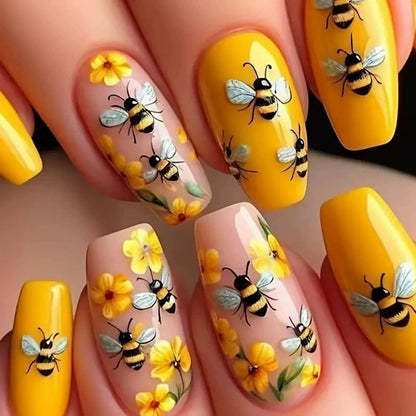 24 Piece Spring/Summer Warm Yellow Little Bee Flowers Mid-Length Ballet Cute 3D Embossed Bumblebee Floral 3D Nail Art