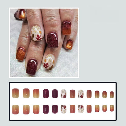 24-Piece Autumn Winter Short Square Press-On Fake Nails Set with Maple Leaf Fall Nails, Thanksgiving Nail Art, and Sweet & Cool Nail Stickers for Women