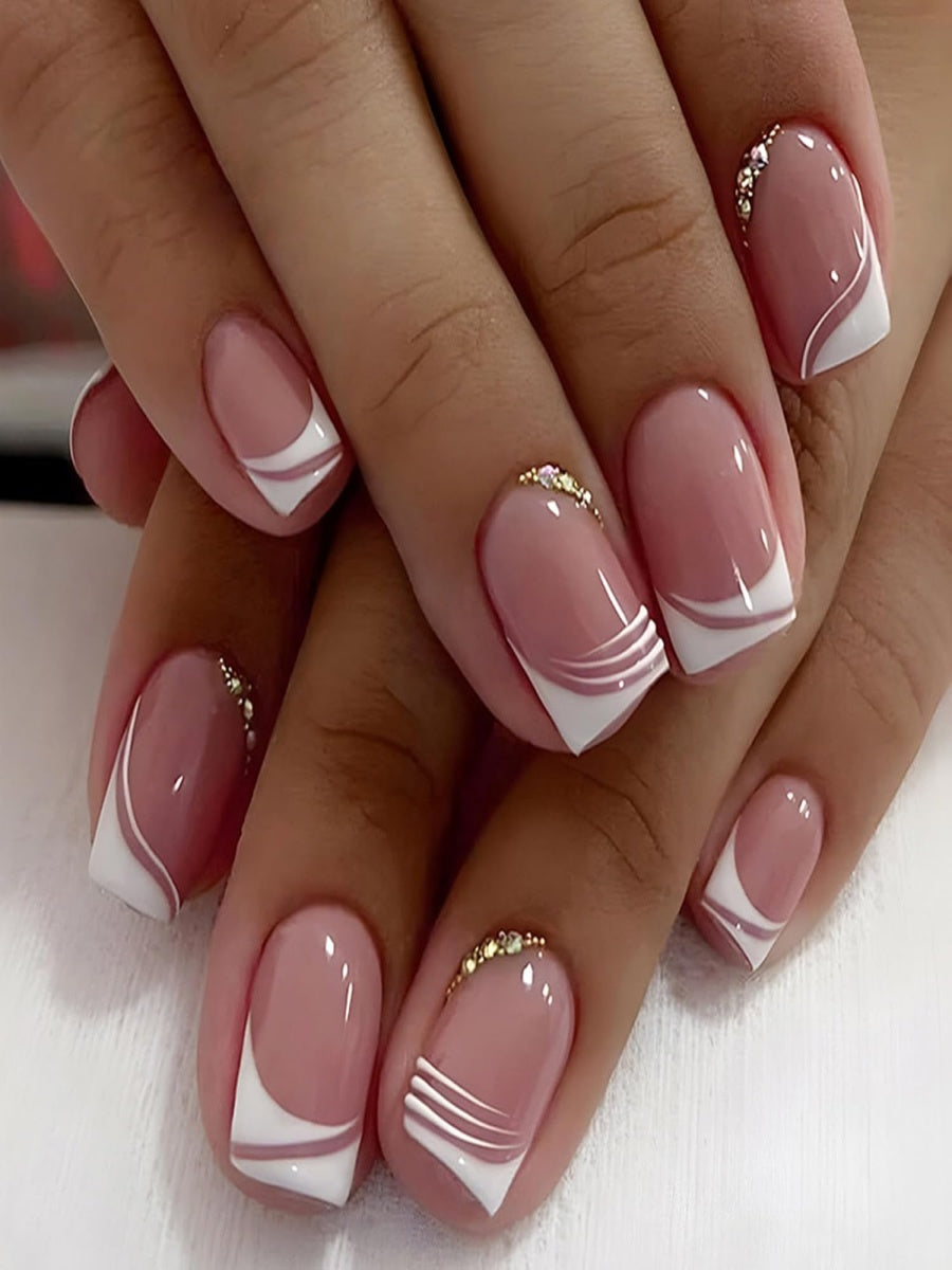 24pcs Minimalist French-Style Short Press-On Nails Purely Sensual Diamond-Studded Nail Tips Cross-Border Press-On Nails