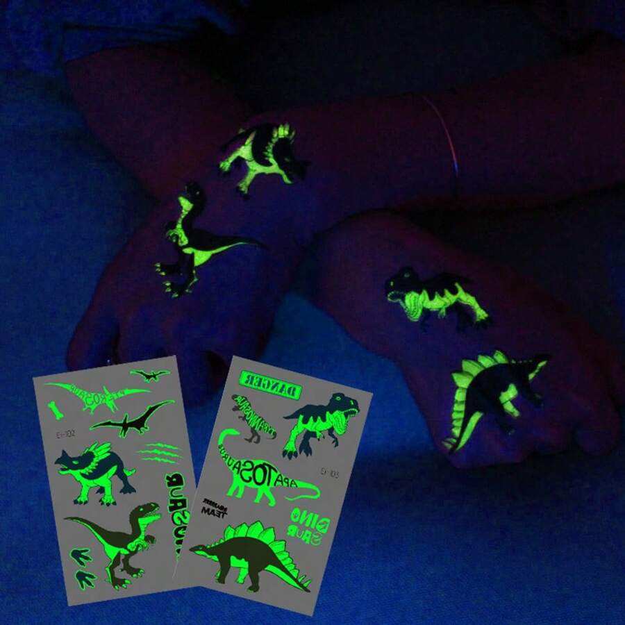 10 Sheets Luminous Dinosaur Temporary Tattoos, Waterproof Glow In The Dark T-Rex Pterosaur Velociraptor Triceratops Stegosaur Designs Pattern, Birthday Party Favors, Stocking Stuffer, Goodie Bag Fillers, Christmas Eve Gifts