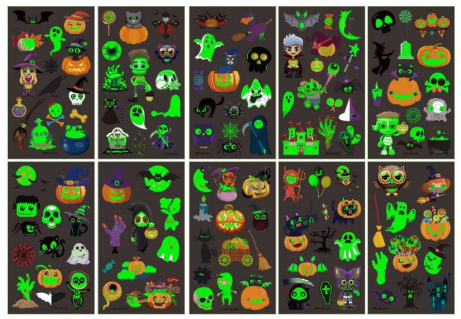 10 Sheets Of 110-Piece Cartoon Halloween Glow-In-The-Dark Tattoo Stickers, Glow In The Dark, Halloween Party Carnival Makeup Waterproof Temporary Tattoos