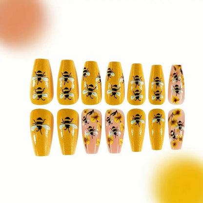 24 Piece Spring/Summer Warm Yellow Little Bee Flowers Mid-Length Ballet Cute 3D Embossed Bumblebee Floral 3D Nail Art