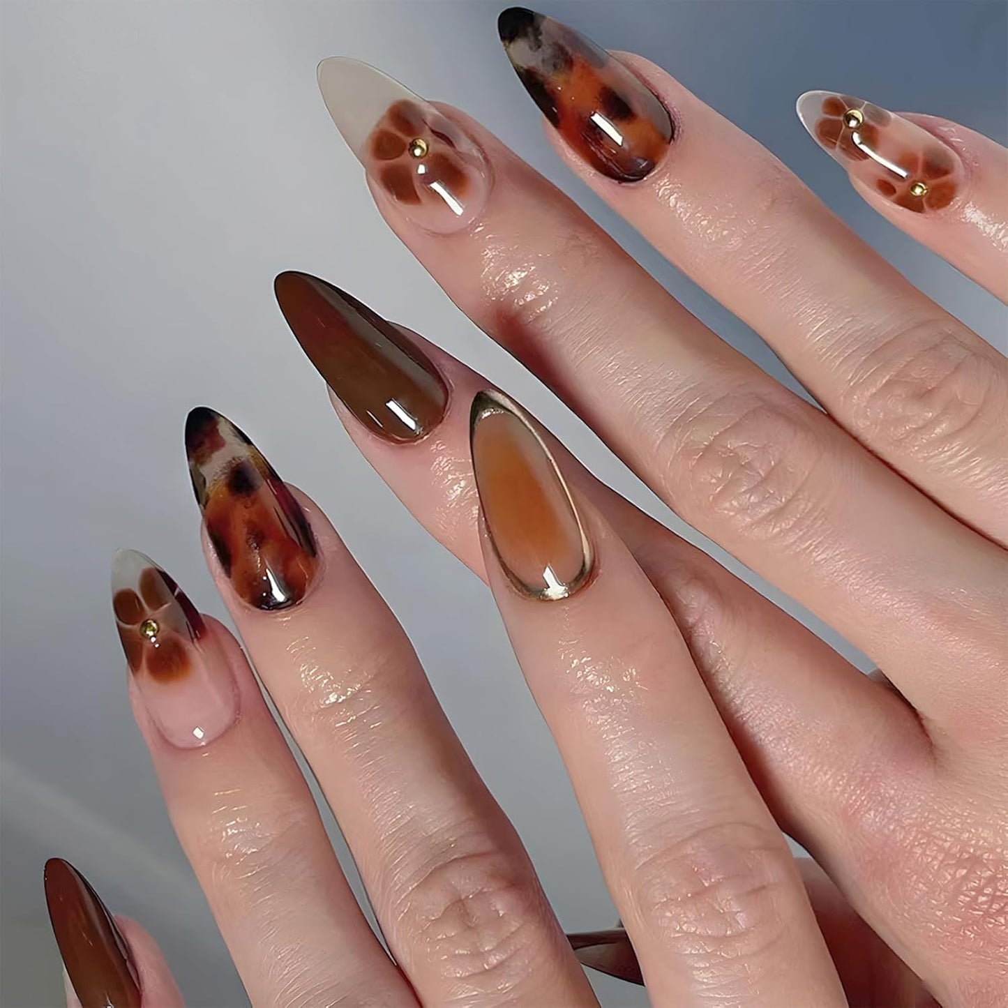 24pcs Medium Almond Shaped Press-On Nails, Leopard Print French Tip, Line Art Design, High Gloss Full Coverage, Suitable For Women And Girls Daily Wear, Autumn/Winter Nail Accessories