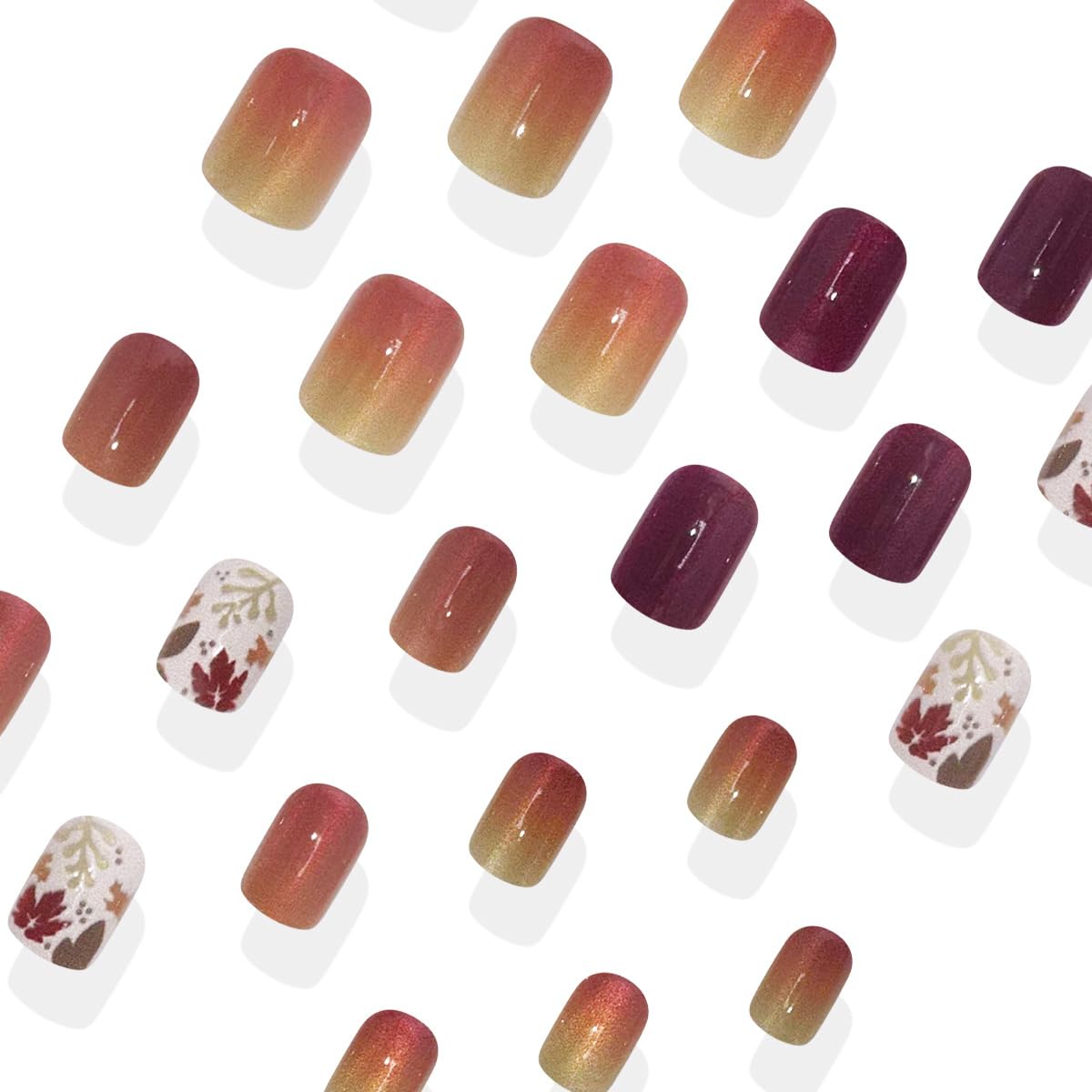 24-Piece Autumn Winter Short Square Press-On Fake Nails Set with Maple Leaf Fall Nails, Thanksgiving Nail Art, and Sweet & Cool Nail Stickers for Women