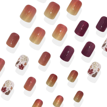 24-Piece Autumn Winter Short Square Press-On Fake Nails Set with Maple Leaf Fall Nails, Thanksgiving Nail Art, and Sweet & Cool Nail Stickers for Women