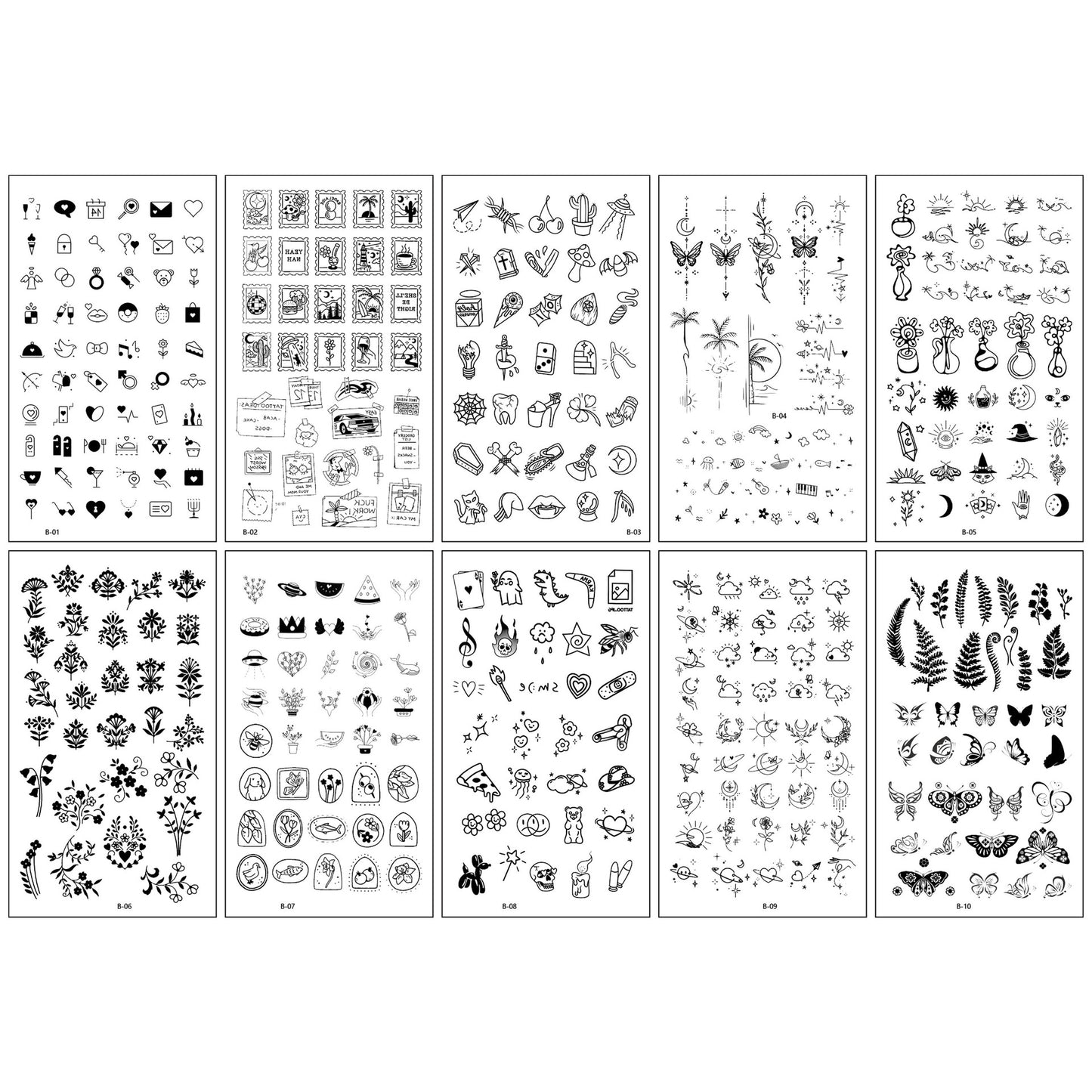 10pcs Black Butterfly Flower & Word Design Finger, Wrist, Small Body Part Temporary Tattoo Stickers