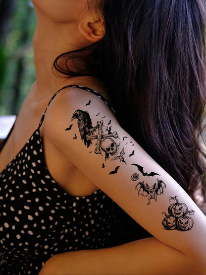 1 Set Of 30pcs Creative Black Ghost Themed Temporary Tattoos,Pumpkin,Ghosts,Skulls,Bats,Cobwebs Designs,Suitable For Fun Parties Or Daily Use,Waterproof & Long-Lasting