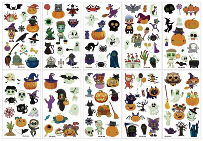 10 Sheets Of 110-Piece Cartoon Halloween Glow-In-The-Dark Tattoo Stickers, Glow In The Dark, Halloween Party Carnival Makeup Waterproof Temporary Tattoos
