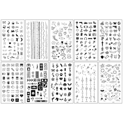 10pcs Black Butterfly Flower & Word Design Finger, Wrist, Small Body Part Temporary Tattoo Stickers