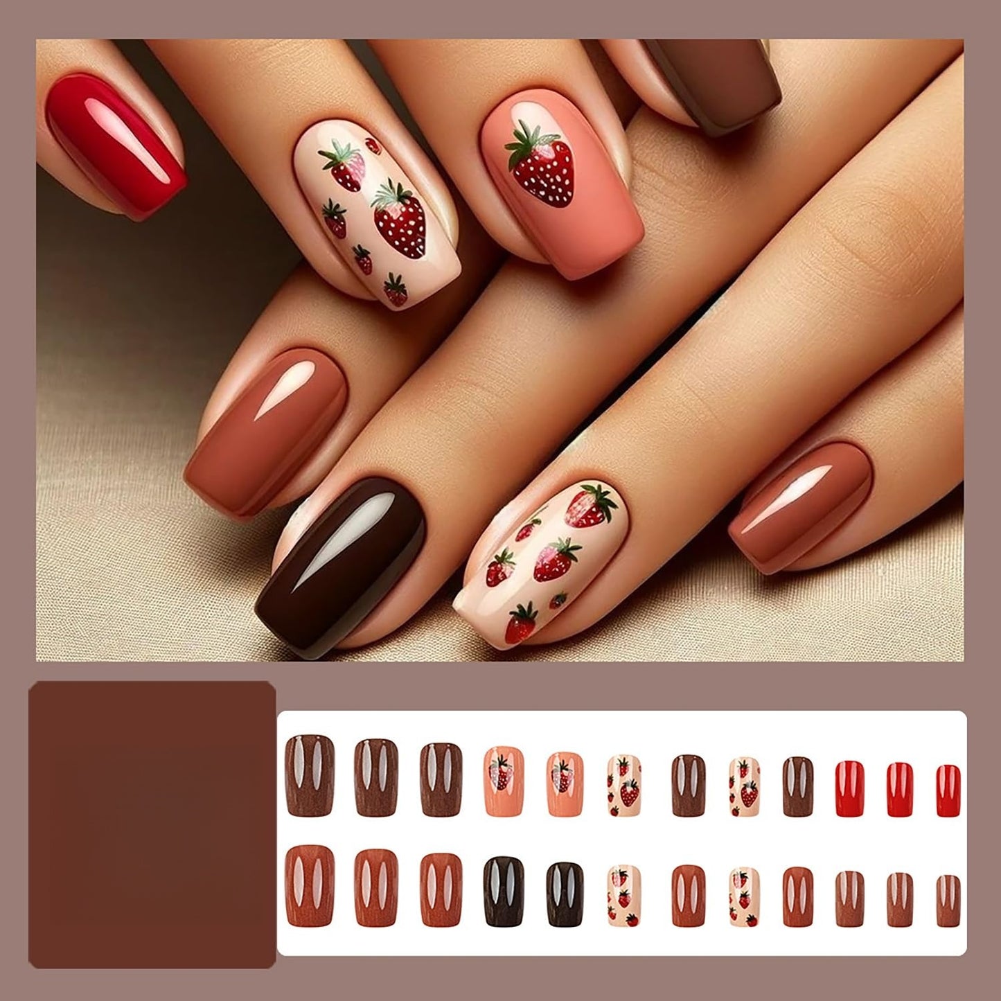 24pcs Short European-Style Shiny False Nails Set, Cute Strawberry , Elegant And Sweet All-Match Nail Art Kit, Full Cover, Reusable, Suitable For Women & Girls To Wear For Parties, Dance Parties, And Daily Use. Press On Nails Nail Supplies