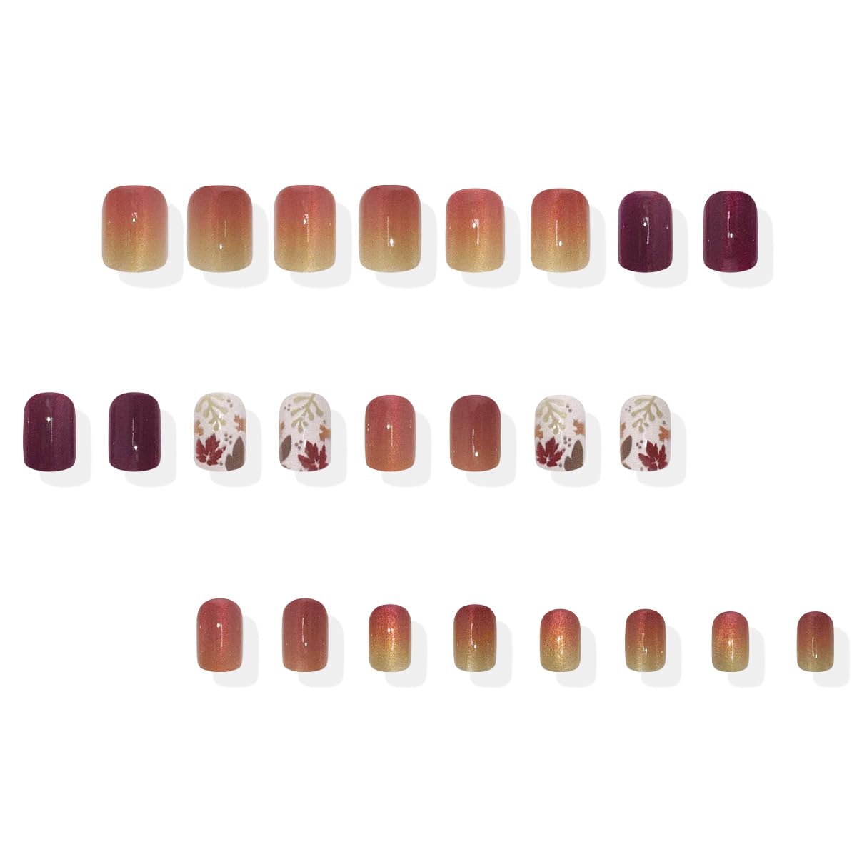 24-Piece Autumn Winter Short Square Press-On Fake Nails Set with Maple Leaf Fall Nails, Thanksgiving Nail Art, and Sweet & Cool Nail Stickers for Women