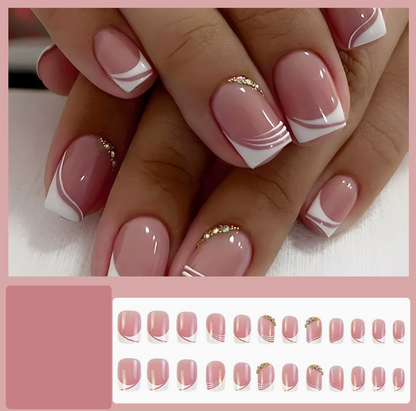 24pcs Minimalist French-Style Short Press-On Nails Purely Sensual Diamond-Studded Nail Tips Cross-Border Press-On Nails