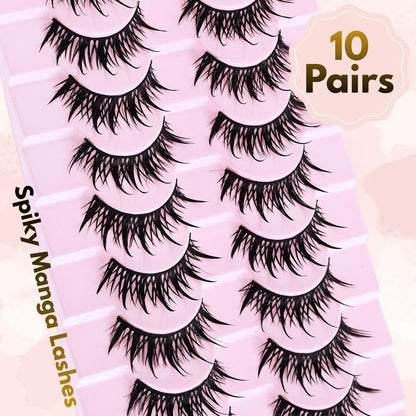 10 Pairs Anime Cat Eye Fluffy Lashes, European Style,Multi-Pair Set, Reusable D Curl, Extra Thick, Professional Makeup For Cosplay And Stage, Dramatic Eye Look, Easy Application For Beginners