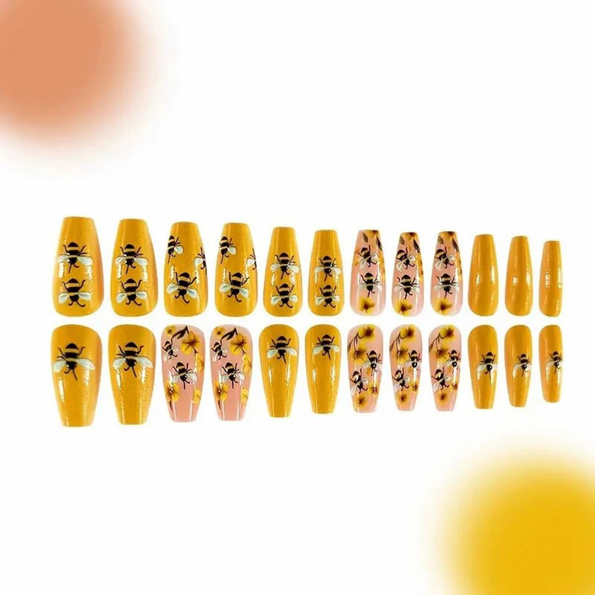 24 Piece Spring/Summer Warm Yellow Little Bee Flowers Mid-Length Ballet Cute 3D Embossed Bumblebee Floral 3D Nail Art