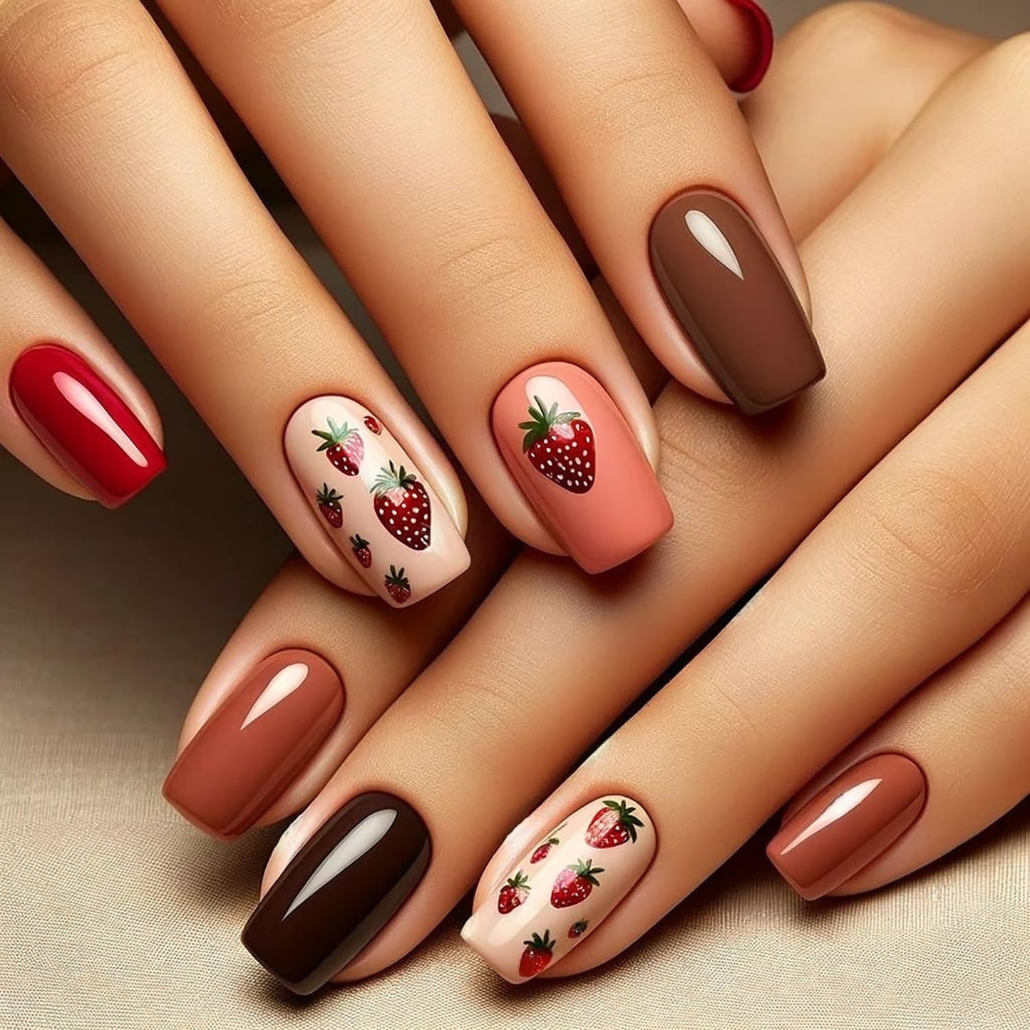 24pcs Short European-Style Shiny False Nails Set, Cute Strawberry , Elegant And Sweet All-Match Nail Art Kit, Full Cover, Reusable, Suitable For Women & Girls To Wear For Parties, Dance Parties, And Daily Use. Press On Nails Nail Supplies