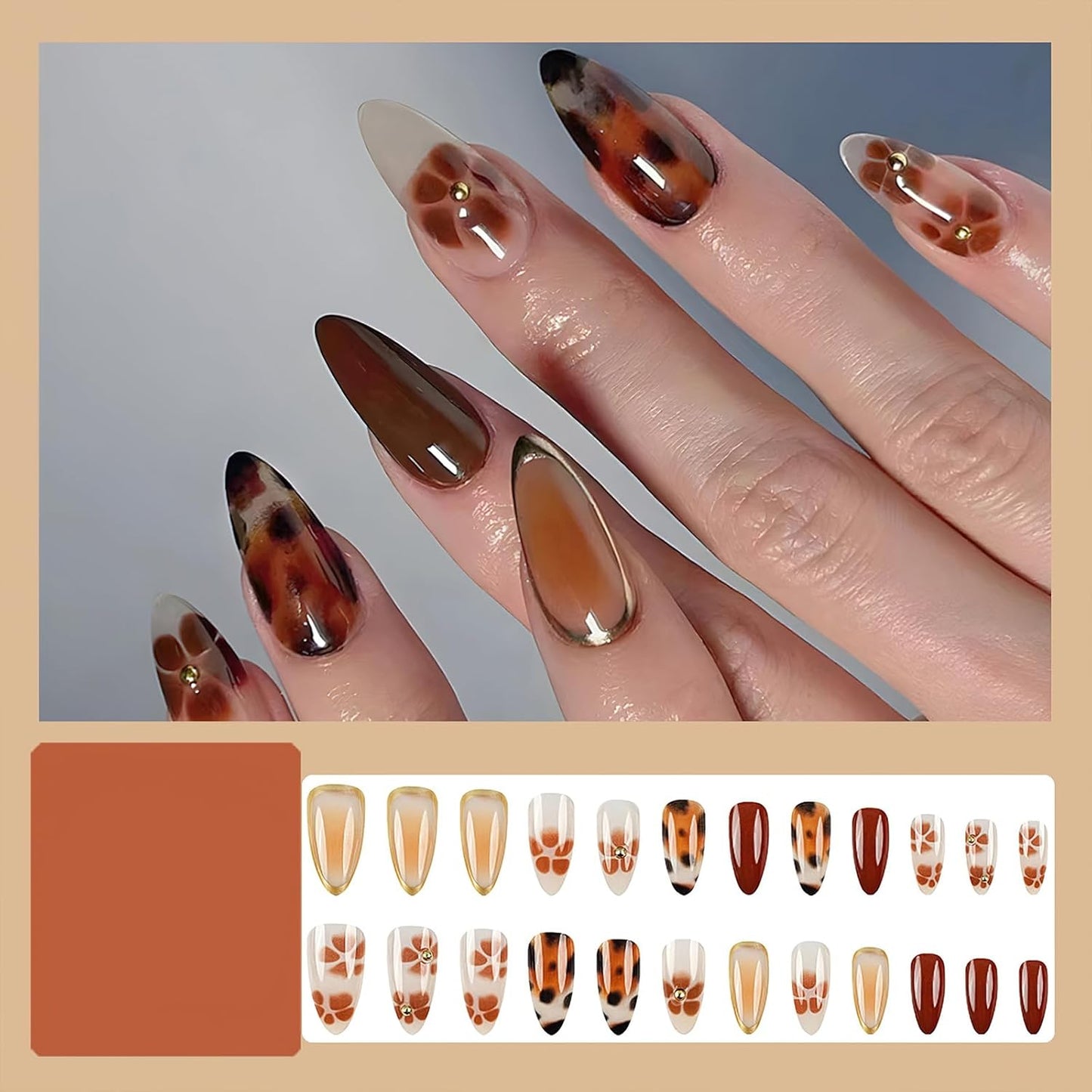 24pcs Medium Almond Shaped Press-On Nails, Leopard Print French Tip, Line Art Design, High Gloss Full Coverage, Suitable For Women And Girls Daily Wear, Autumn/Winter Nail Accessories