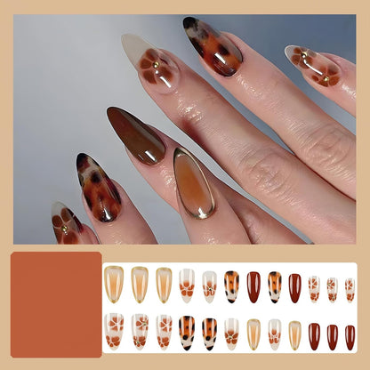 24pcs Medium Almond Shaped Press-On Nails, Leopard Print French Tip, Line Art Design, High Gloss Full Coverage, Suitable For Women And Girls Daily Wear, Autumn/Winter Nail Accessories