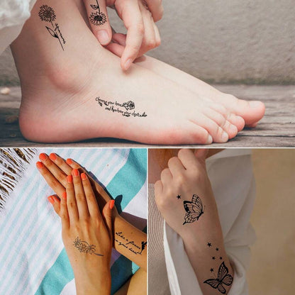 10pcs Black Butterfly Flower & Word Design Finger, Wrist, Small Body Part Temporary Tattoo Stickers